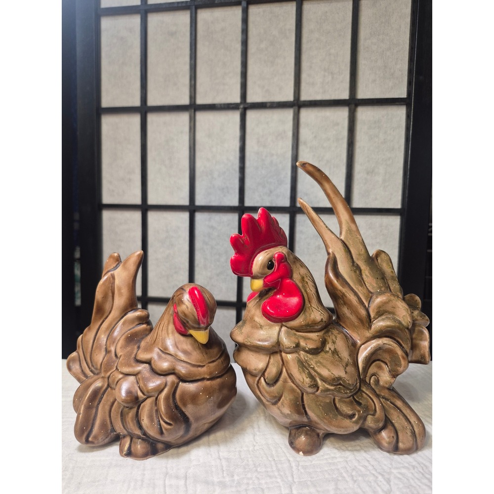 Vintage Ceramic Rooster and Hen Figurines Brown Glaze Farmhouse Decor Set of 2